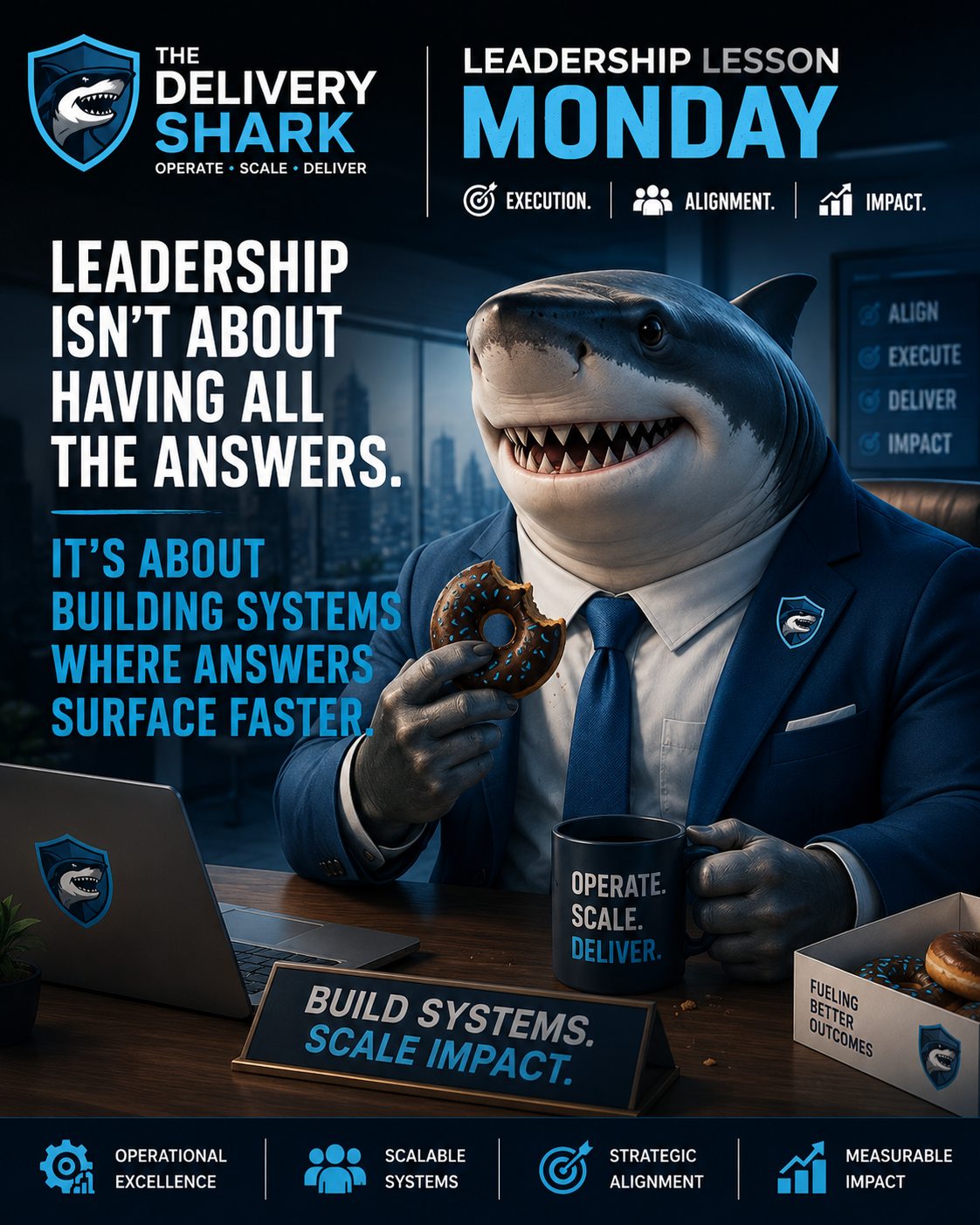 Shark in blue suit with a Delivery Shark shield-mark and Operate Scale Deliver lockup