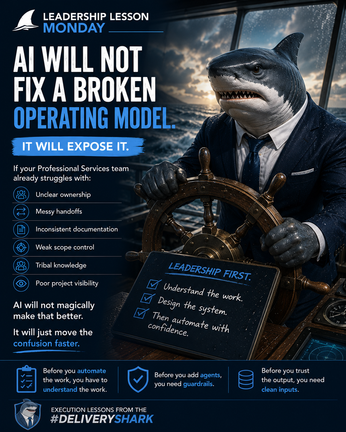 Shark at a ship's wheel in stormy seas with a Leadership First chalkboard